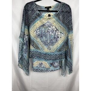 Style&Co Blue Yellow Layered Top Flowy Floral Boho Tank/Overlay Womens L NWOT‎